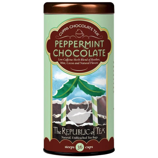 The Republic of Tea Cuppa Chocolate Peppermint Herbal Tea, 36 Count | Low Caffeine. A gentle cup for everyday sipping. Mellow rooibos with a cool finish and notes of cocoa.