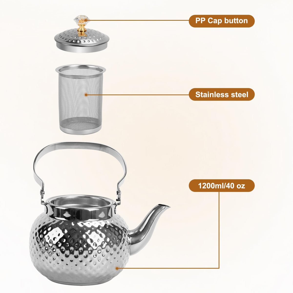 BSDLZCH 1.2L Hammered Tea Kettle Stovetop, Silver Tea Pot with Strainer for Stove