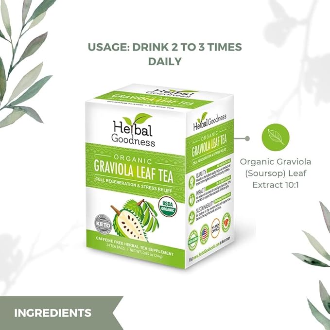 Graviola Leaf Soursop Tea - Organic Soursop Leaves, Hoja de Guanabana Leaves, Cell Support & Regeneration, Calm Relaxation - Caffeine Free