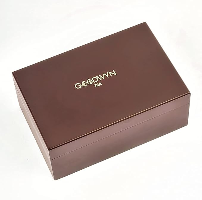 Goodwyn Assorted Tea Sampler Box – 90 Individually Wrapped Tea Bags, Premium Herbal Black and Green Tea Collection in Reusable Wooden Chest, 9 Flavors Peppermint Chamomile Assam Darjeeling Lemon Green Tea Kahwa Jasmine Earl Grey, Gift Set Box