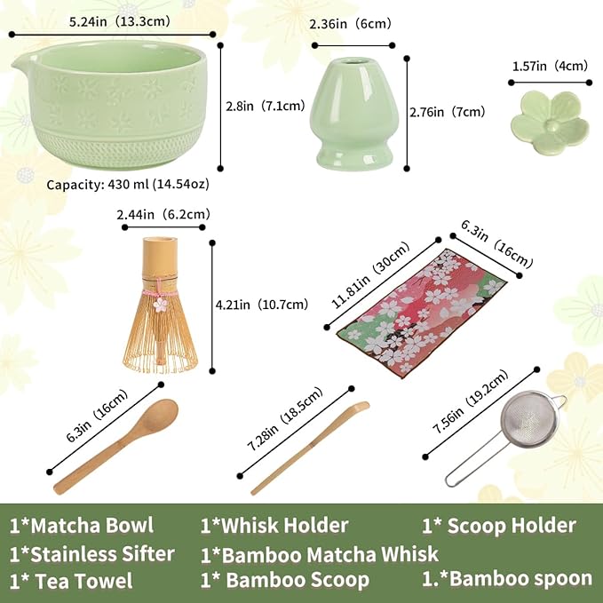 8-Piece Matcha Tea Set with Ceramic Bowls (Flower Pattern), Bamboo Whisk, Scoop, Spoon & Pink Sakura Gift Box – Traditional Japanese Matcha Whisking Kit for Tea Lovers (green)