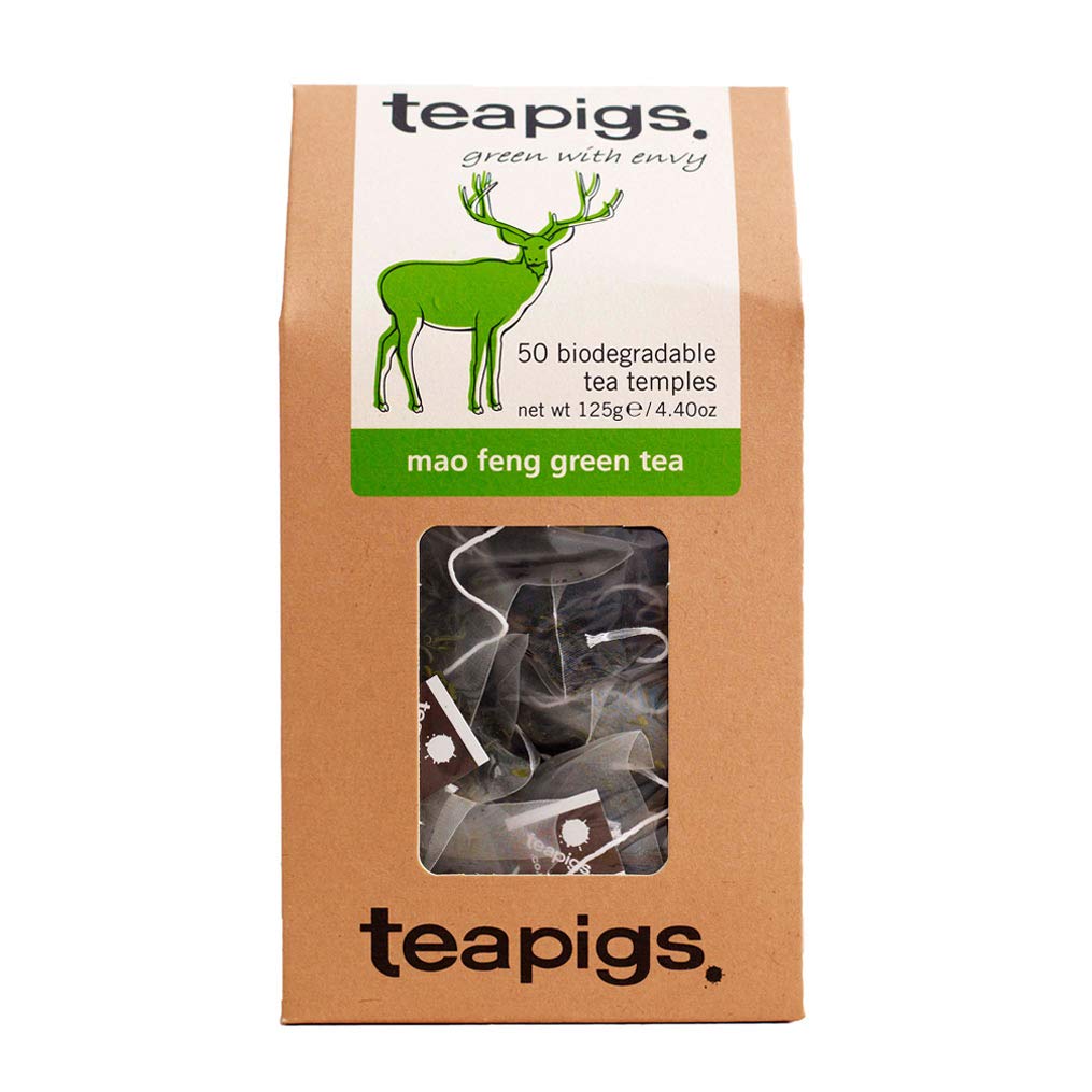 teapigs, Mao Feng Green Tea, Made with Whole Leaves, Whole Leaf Tea Temples, 50 Count, Pack of 50, Delicate, Peachy &amp; Smooth