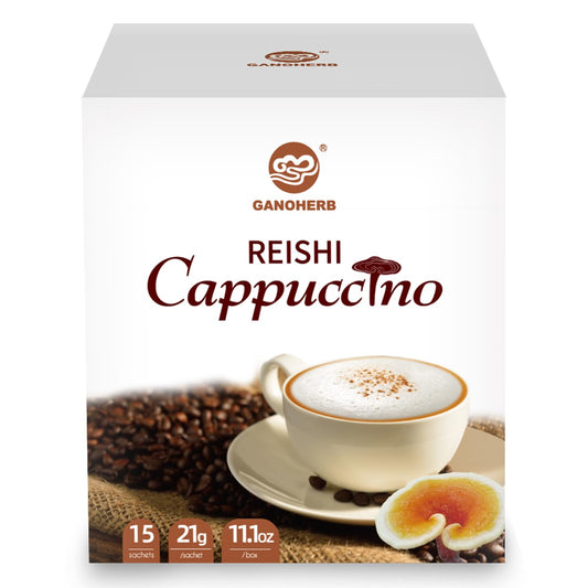 GANOHERB Mushroom Coffee Alternative Cappuccino Mix, Instant Superfood Coffee Drink with Reishi Mushroom Extract for Stress Relief, Immune Support, Smooth and Tasty, 11.1oz, 15 Count