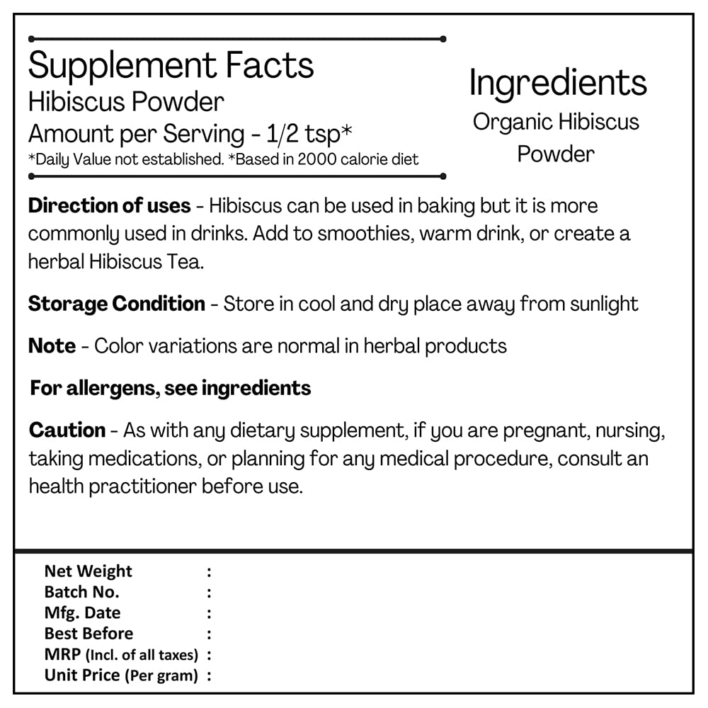 Just Jaivik Organic Hibiscus Flower Powder (Hibiscus Sabdariffa) 1/2 LB, 08 oz, 227g USDA Certified Organic- Biodegradable