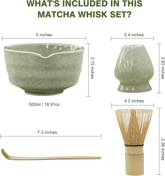 Matcha Whisk Set, Japanese Tea Set includes Matcha Bowl with Spout, Matcha Whisk and Holder, Bamboo Scoop - 4 Pcs Ceremonial Grade Matcha kit for Tea Lovers (Jade Green)
