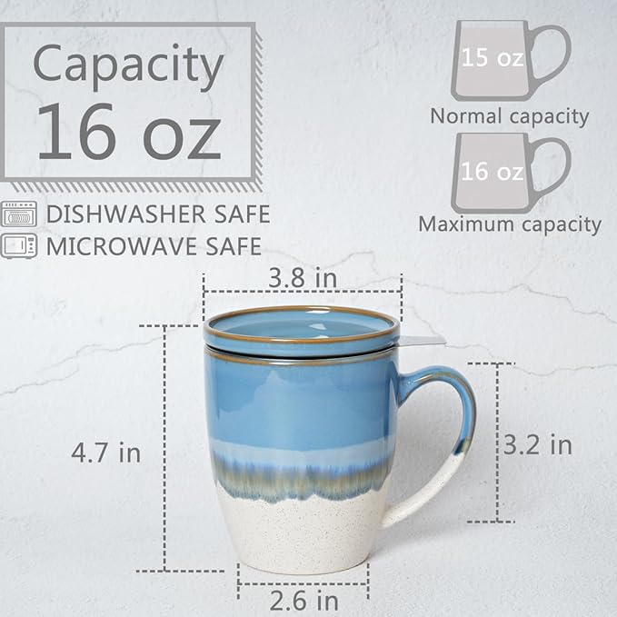 Bosmarlin Ceramic Tea Cup with Infuser and Lid, 16 Oz, 5 Colors to Choose, Dishwasher and Microwave Safe, Reactive Glaze, Steeping Tea Mug with Strainer (Blue)