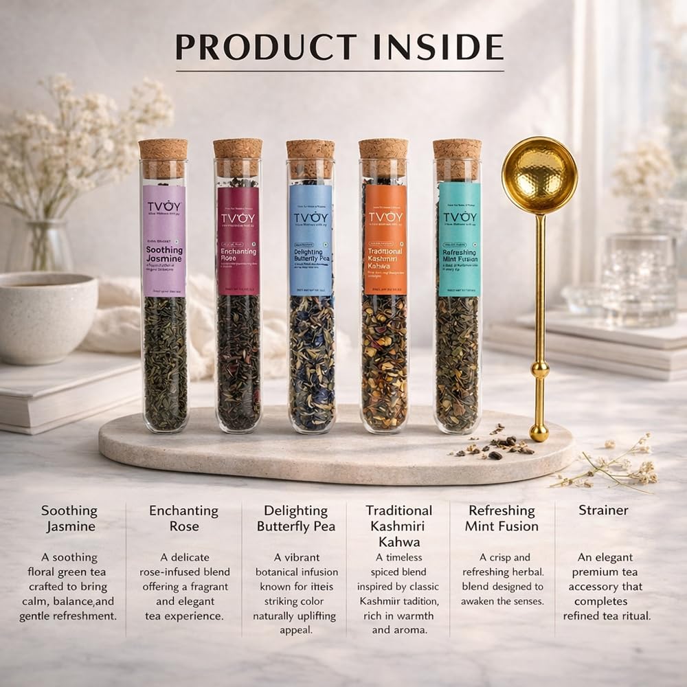TVOY- Assorted Tea Infusion Gift Set 6 Unique Flavors and Reusable Tea Stainer, Loose Leaf Tea Set Flavors Include, Mint Green Tea, Premium Whole Loose Leaf Tea Gift Box for Women & Men, Tea Sampler for Birthdays & Tea Lovers