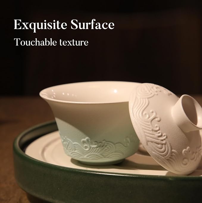 Ceramic Chinese Gongfu Tea Set, Relief Texture, Smooth Glaze, Gaiwan Tea Set for Adults, Suitable for 1-2 People, Home, Travel, Gift for Tea Lovers