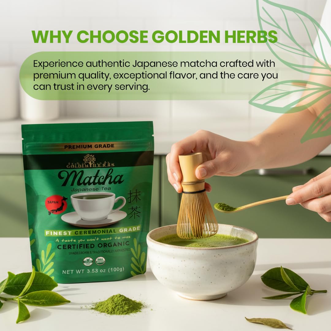 Golden Herbs Matcha Superior Ceremonial Blend Green Tea Powder from Uji, Kyoto, USDA Organic, Gluten-Free Vegan, 100% Pure Unsweetened, No Additivesm, Resealable Freshness Pouch (60 Grams / 2.12 OZ)