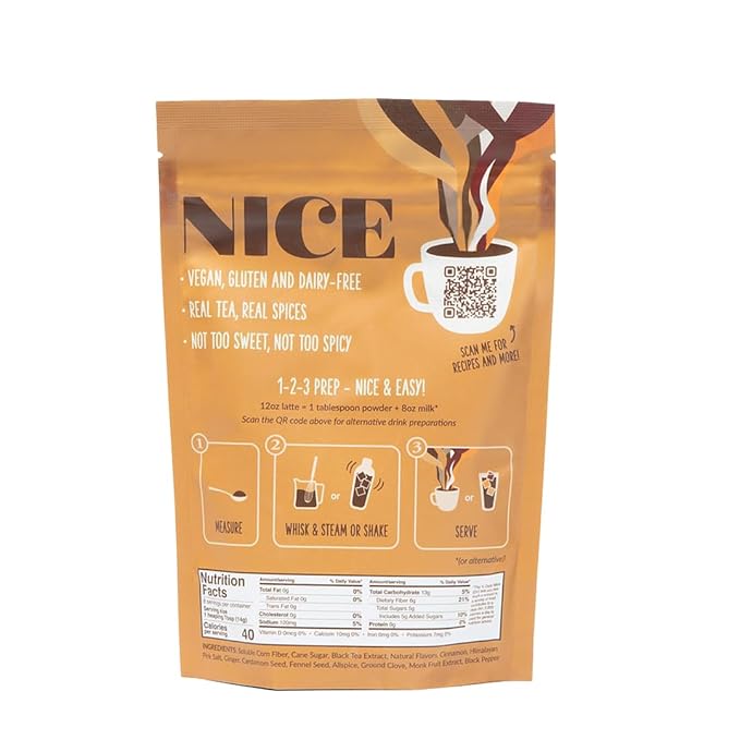 Two Leaves and a Bud Nice Chai Latte Mix, Powdered Chai Latte Tea Mix, Vegan, Dairy Free, Low Sugar, Iced or Hot Lattes, 1 Resealable Bag, 3.95 oz