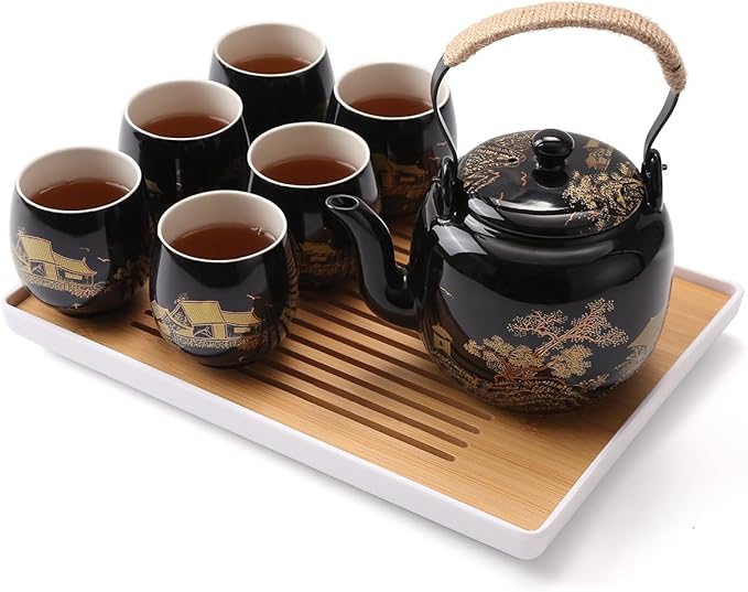 Dujust Japanese Tea Set, Black Porcelain Tea Set with 1 Teapot Set, 6 Tea Cups, 1 Tea Tray, 1 Stainless Infuser, Beautiful Asian Tea Sets for Adults