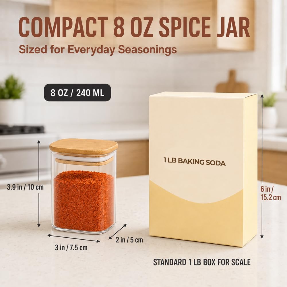 ComSaf Glass Spice Jars 8oz Set of 6, Seasoning Containers with 9 Labels | Small Glass Jars with Labels, Empty Rectangle Canisters, Spice Rack Organization, Loose Tea, Herb, Powder, Dry Good, BPA Free