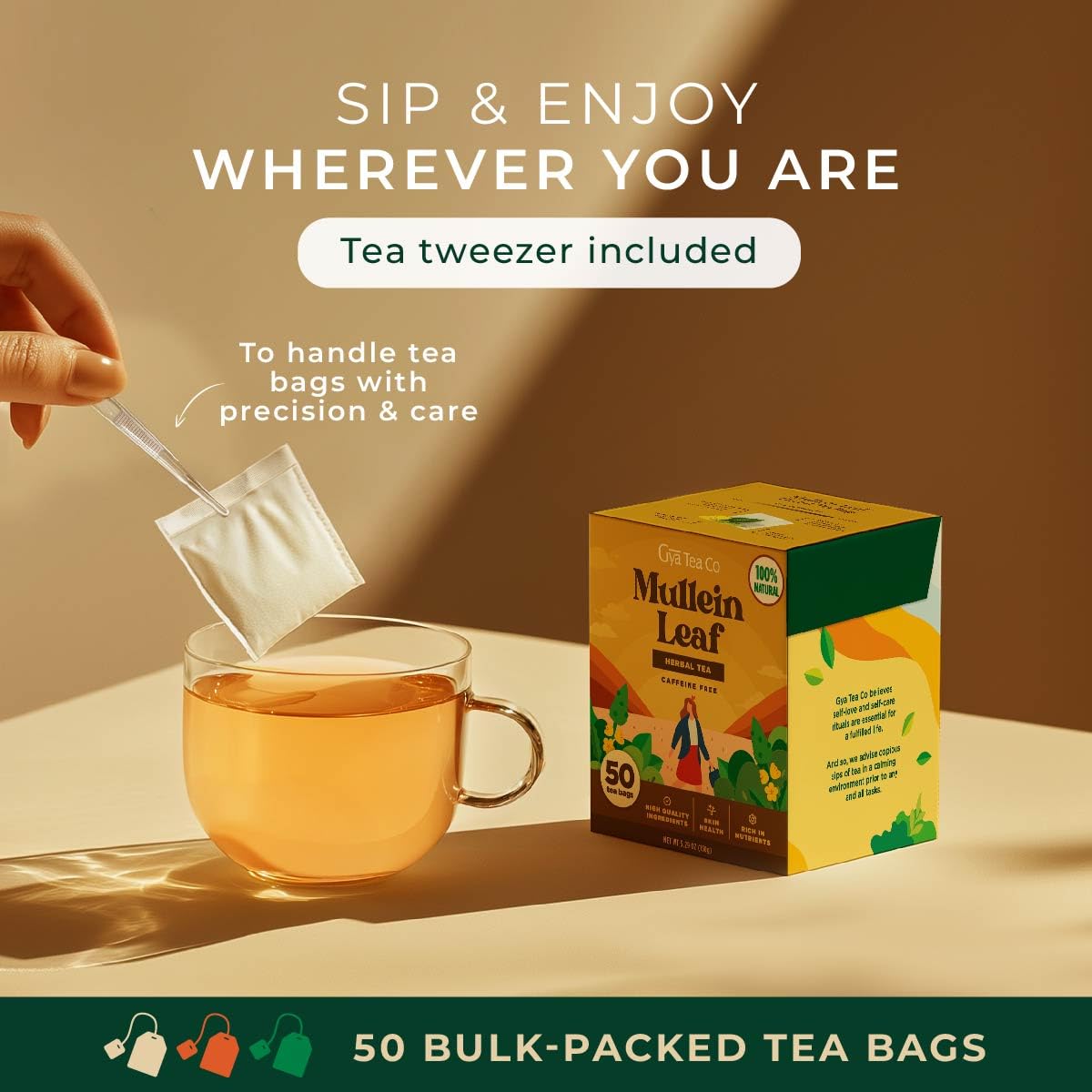 Mullein Leaf Tea Bags 50 Count - 100% Natural Caffeine Free Herbal Tea