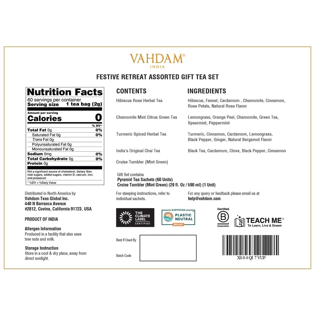 VAHDAM Assorted Tea Gift Set with Cruise Tumbler (4 Variety, 60 tea Bags) | Ecofriendly Tea Bags | Tea Gifts for Women & Men