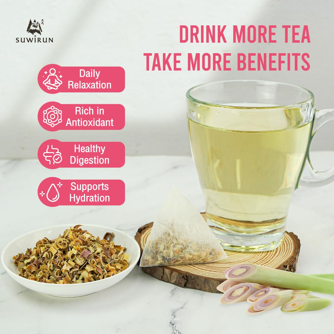 Suwirun Organic Lemongrass Tea 25 Bags – Product of Thailand – Citrusy &amp; Refreshing Herbal Tea, Caffeine-Free, No Calories, Soothes Throat &amp; Aids Digestion, Enjoy Hot or Cold