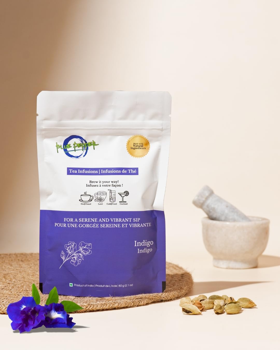 Blue Pepper Tea Infusion | Butterfly Pea Flower Blend with Ginger, Tulsi (Holy Basil), Amla (Indian Gooseberry) &amp; Cardamom | Caffeine-Free Natural Beverage | 60g