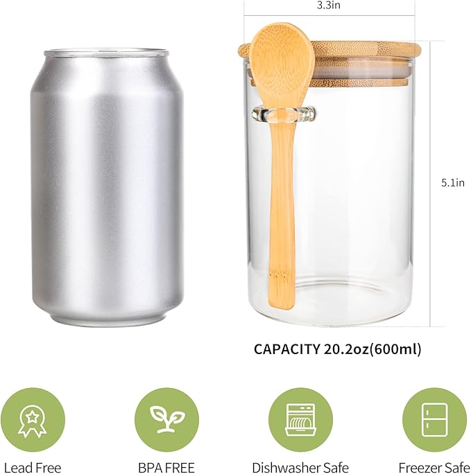 Airtight Food Storage Containers, Glass Canister With Wooden Spoon and Lids, 20 Oz Jars for Serving Bath Salt, Sugar, Spice, Coffee, Tea, Cereals
