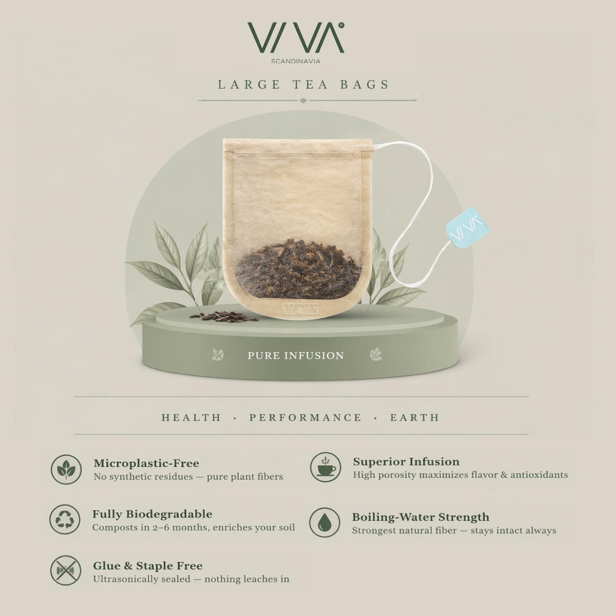 Viva Scandinavia VIVA Large Tea Filter Bags for Loose Leaf Tea, 50 Ct, Microplastic-Free