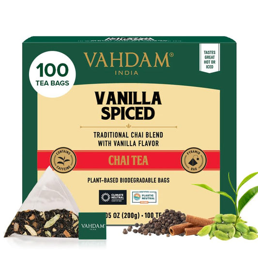VAHDAM Vanilla Chai Teabags (100 Count) Vanilla Tea Blend Pyramid Tea Bags