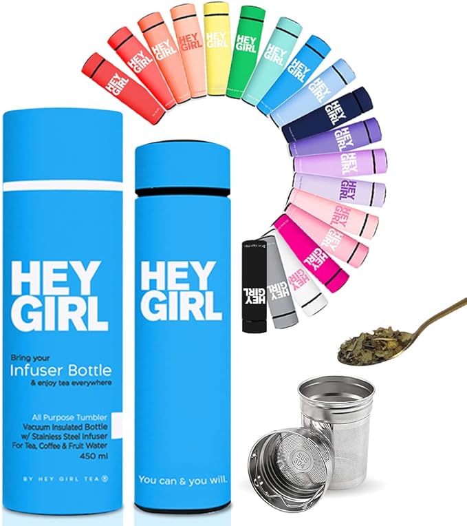Hey Girl Tea Infuser Bottle 450ml - Insulated Stainless Steel Water Bottle - Tea Tumbler with Tea Diffuser