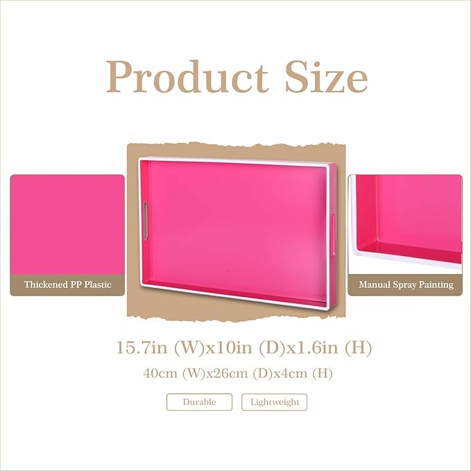 Zosenley Decorative Tray, Rectangular Plastic Tray with Handles, Modern Vanity Tray and Serving Tray for Bathroom, Kitchen, Ottoman and Coffee Table, 15.6” x 10.2” (White Border Rose red)