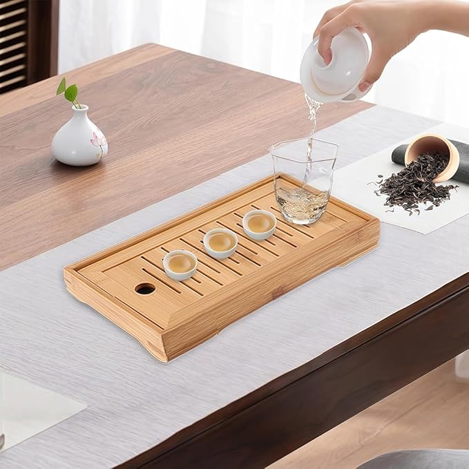 Joyzan Chinese Tea Tray, Mini Bamboo Small Gongfu Tea Table Set Japanese Serving Kung Fu Plate Drainage Reservoir Drawer Type Water Storage Box Chassis Wooden Home Office Household Teahouse Bar
