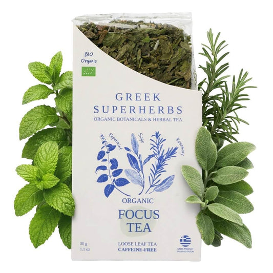 FOCUS Tea | ORGANIC Loose Herbal Tea for Concentration &amp; Alertness | Sage, Peppermint, Rosemary | 100% Organic, Caffeine Free, Natural, Earthy Flavor | 30G (1.1OZ)