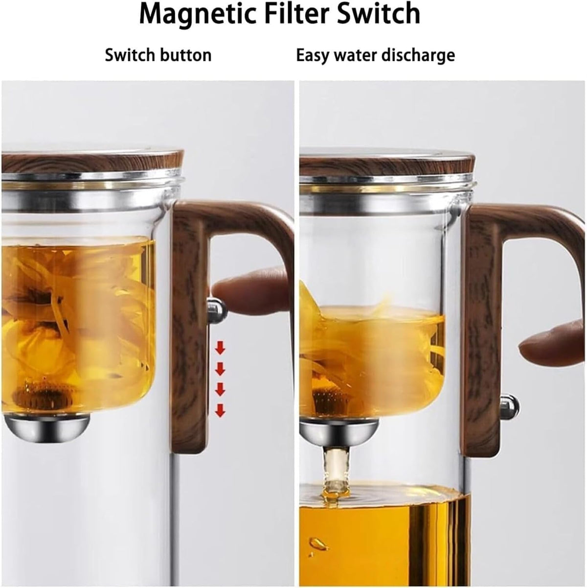 Aimery Magnetic Glass Teapot with Infuser, 24oz Borosilicate Tea Pot with Walnut Handle for Loose Leaf Tea, Office Home, Tea