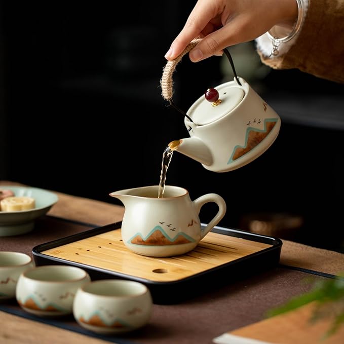 7-Piece Ruyao Ceramic Chinese GongfuTea Set, Traditional Crackle Glaze Teapot with Cups and Bamboo Tray, Gift Box Included