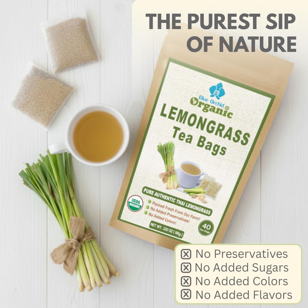 Organic Lemongrass Tea Bags - 40 Natural Corn Fiber Sachets - for Hot or Cold Drinks - Caffeine Free