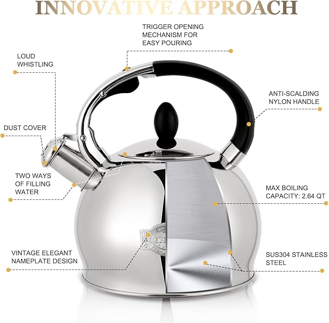 SUSTEAS Stove Top Whistling Tea Kettle - Food Grade Stainless Steel Teakettle Teapot with Cool Touch Ergonomic Handle, With 1 Silicone Pinch Mitt Included,2.64 Quart(SILVER)