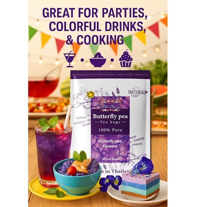 Hida Beauty Premium Dried Butterfly pea flower tea 30 Teabags Herbal Blue colors for drinks hot cool purple violet funness party food bakery pasta
