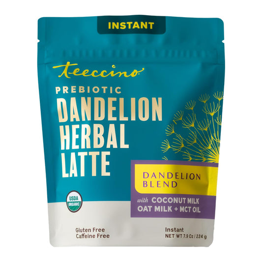 Teeccino Organic Instant Dandelion Herbal Latte – 14 Servings – Creamy Oat &amp; Coconut Latte with a Blend of Roasted Chicory &amp; Dandelion Roots – Gluten-free, Prebiotic, Caffeine-Free – 7.9 ounces