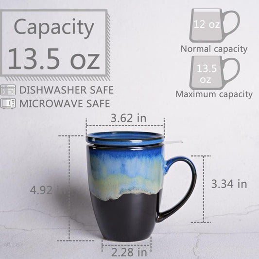Bosmarlin Ceramic Tea Cup with Infuser and Lid, 13.5 Oz, 4 Colors to Choose, Dishwasher and Microwave Safe, Reactive Glaze, Steeping Tea Mug with Strainer