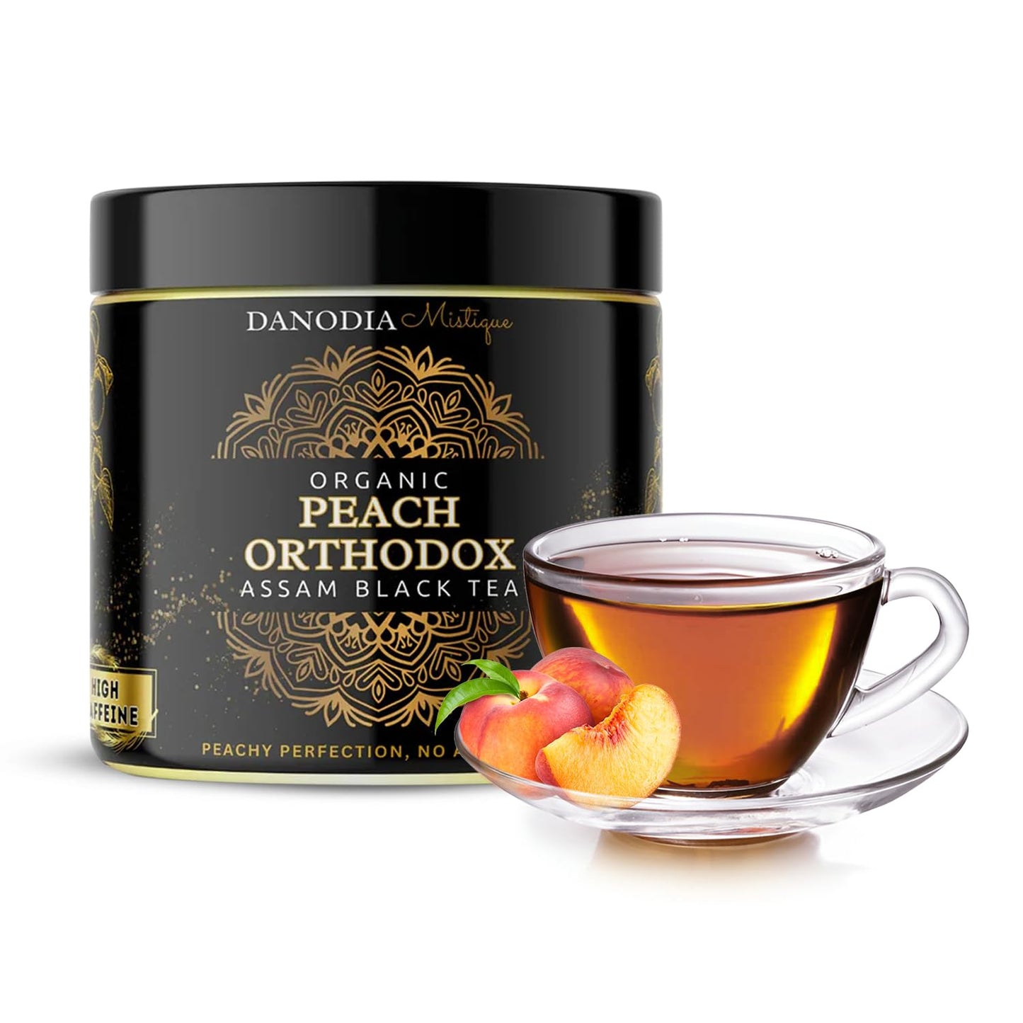 Danodia Foods Organic Peach Orthodox Assam Black TEA (3.5oz/100g) 50+ servings, Wild Forest Assam Tea Loose Leaf, Aromatic Peach Flavor