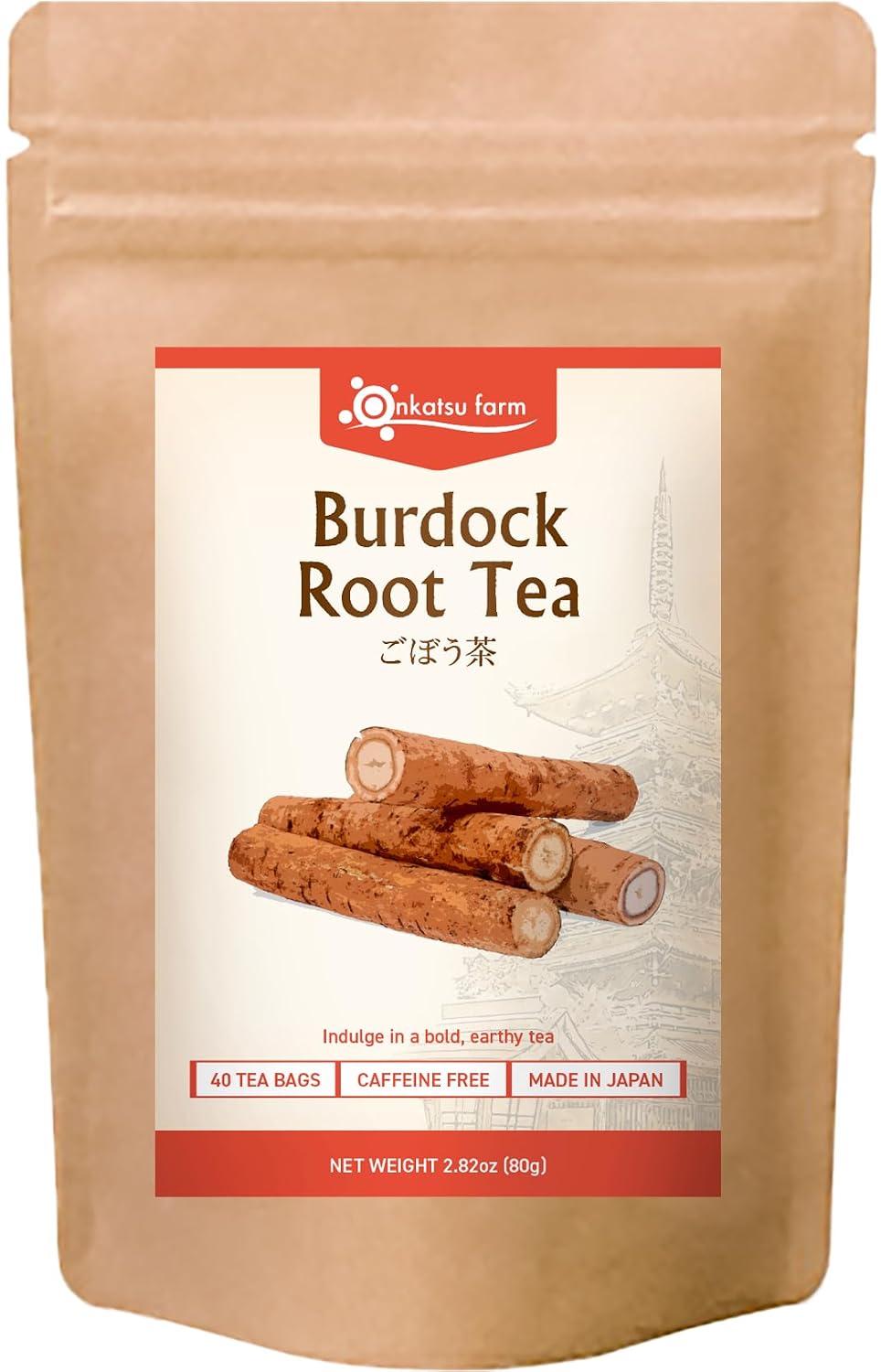 Onkatsu Farm Burdock Root Premium Japanese Tea Bags, Bold Earthy Flavor Hot or Iced No Caffeine 40 Count Tea Bags