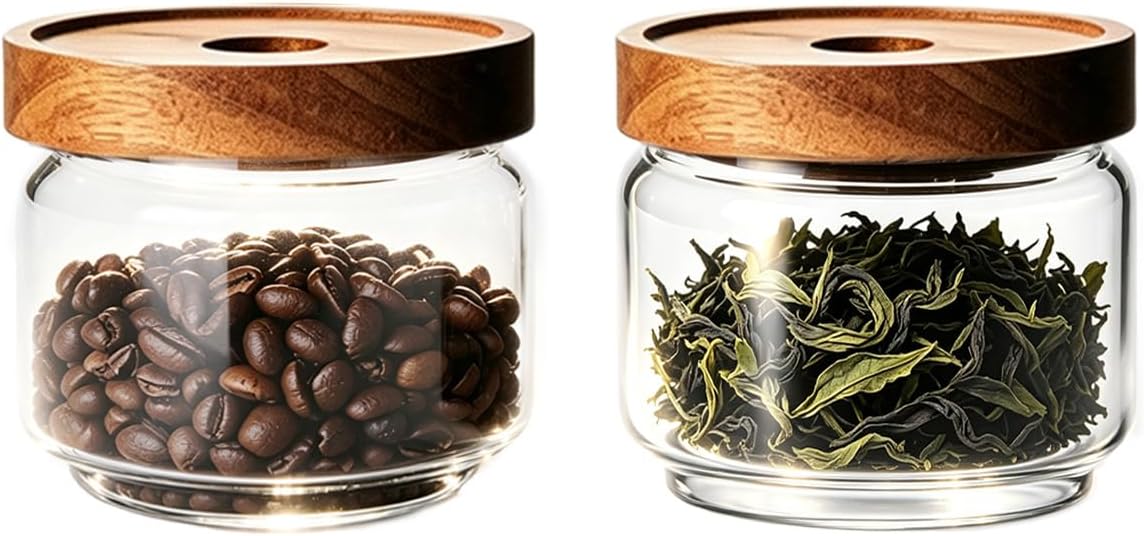 Glass Jars with Airtight Wood Lids - 11 oz Mini Kitchen Pantry Storage Containers, Stackable Decorative Canisters for Chia Seed, Sugar, Tea, Spice, Salt, Matcha, Nuts, Sauce, Cocoa powder, Set of 2