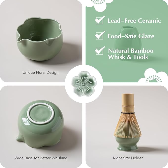Matcha Set, 8Pcs Floral Ceramic Matcha Set with Matcha Whisk, Holder, Scoop, Scoop Rest, Sifter, Spoon and Tea Towel