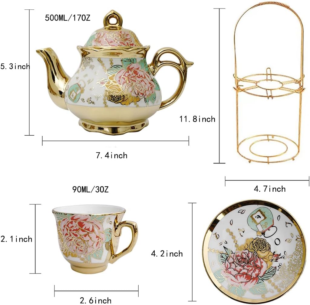 CHANOON Vintage StyleGold-Plated Red Rose Ceramic Tea Set Serving 6 People