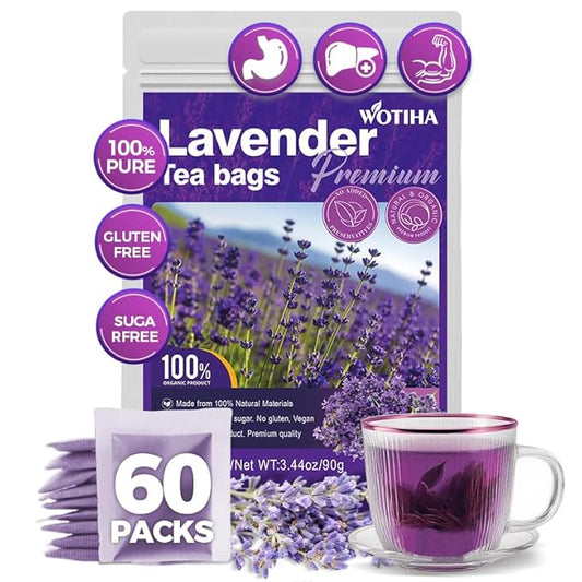 WOTIHA-Natural Lavender tea bags 90g. 60 Herbal Tea Bags.for Sleep & Wellness Relaxation Tea. Non-GMO • Additive-Free • Caffeine-Free