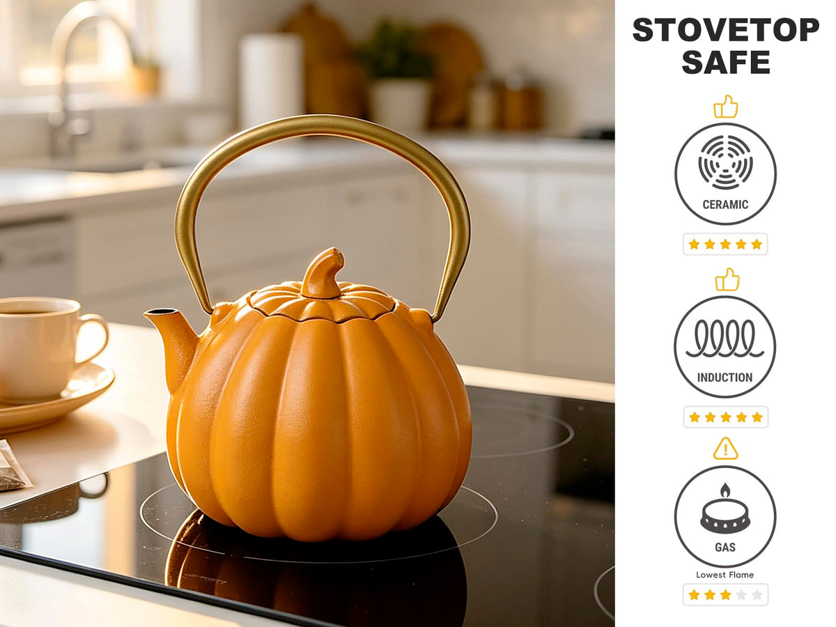 VICSKY Orange Pumpkin Cast Iron Teapot - Japanese Tetsubin Tea Kettle Stovetop Safe | Enameled Interior & Extended Infuser
