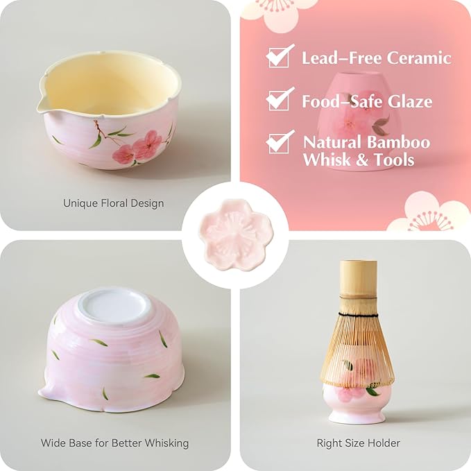 Matcha Whisk Set, 7Pcs Matcha Set with Hand-Painted Ceramic Matcha Bowl, Matcha Whisk and Holder, Scoop and Rest, Sifter, Tea Towel, Artisan Matcha Kit for Ceremony & Gifting (Pink)
