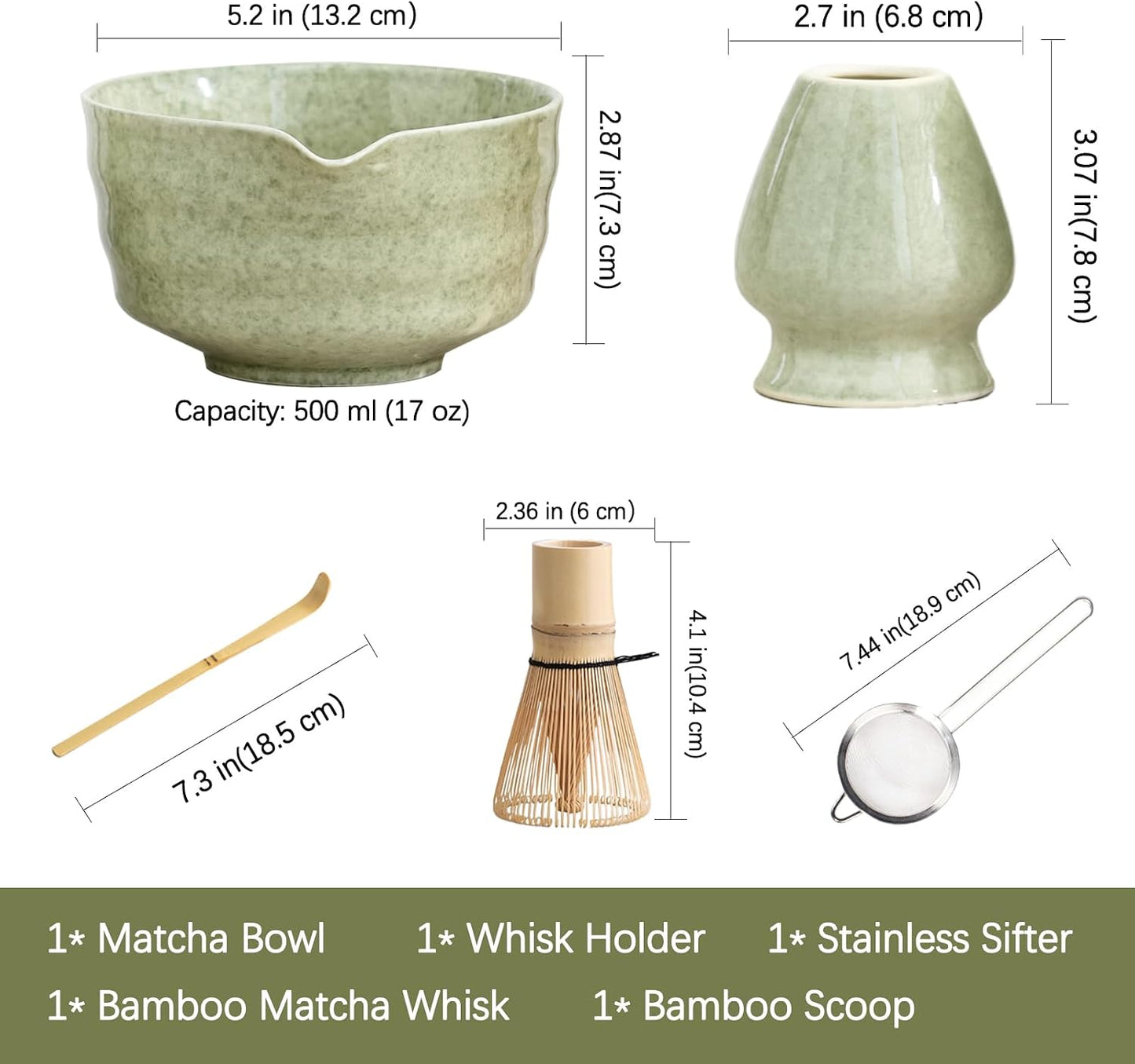 Ochcahser Matcha Set, 17 OZ Matcha Bowl, Matcha Kit for Matcha Lovers. | 5 Pce Japanese Matcha Whisk Set Includes Bowl with Spout, Whisk Holder, Bamboo Whisk and Scoop, Sifter, Great Matcha Gift.