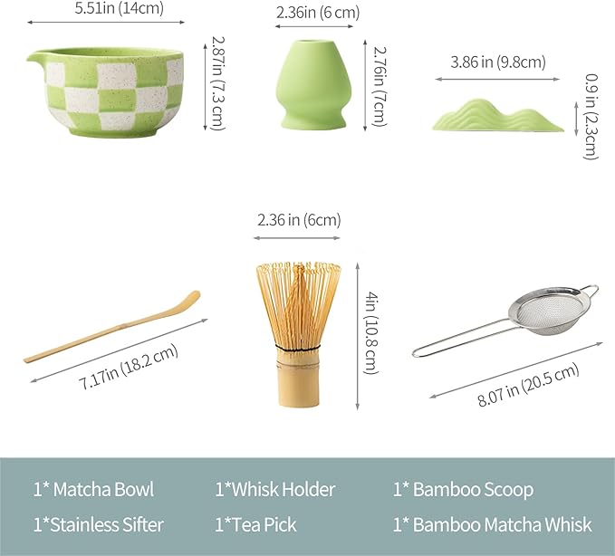 7pcs Traditional Matcha Tea Ceremony Set, green Ceramic Bowl with Bamboo Whisk, Holder and Strainer (Green grid) Elegant Matcha Set for Gifting and