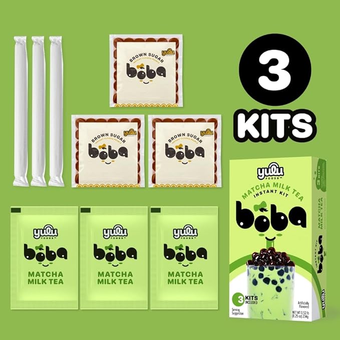Matcha Latte Instant Bubble Pearl Matcha Milk Tea Kit with Authentic Brown Sugar Tapioca Pearls, Ready in Under One Minute, Paper Straws Included – 3 Servings Yulu Foods