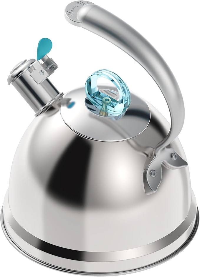 Harriet Tea Kettle Stovetop, 2.5 Quart Whistling Stainless Steel Tea Pot, 3-Layer Base, Unique Ergonomic Handle, Includes Pot Holder & Mat