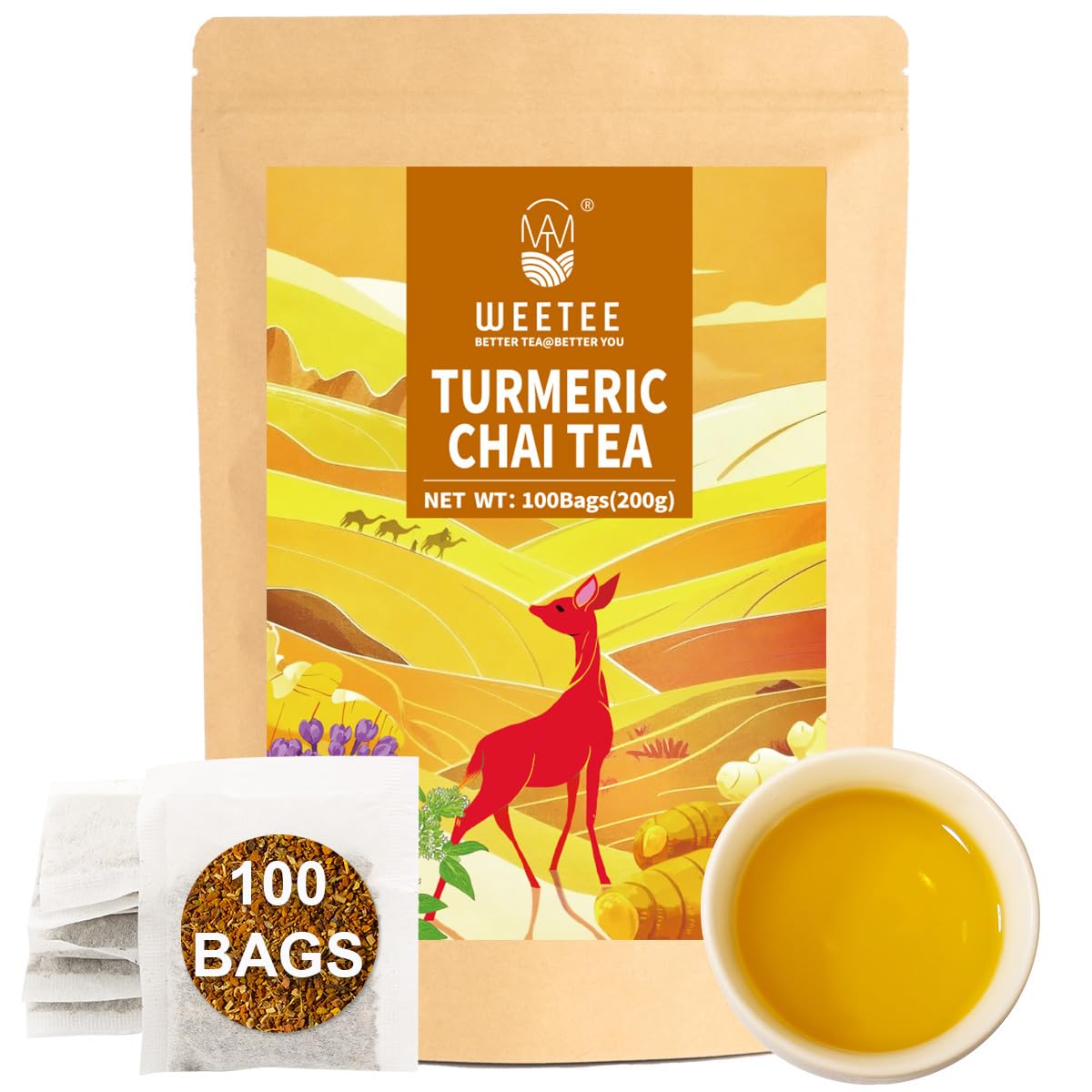 WT WEETEE Turmeric Chai Tea Bags 100 Count, Caffeine-Free Ginger Spiced Tea