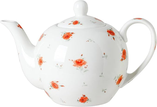 30oz Porcelain Teapot (4 Cups) - Elegant Floral Ceramic Tea Pot with Vibrant Roses, Ideal for Loose Leaf & Bagged Tea, Dishwasher Safe