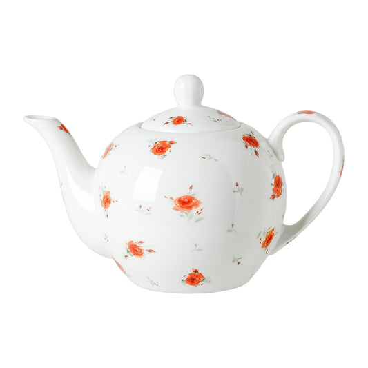 30oz Porcelain Teapot (4 Cups) - Elegant Floral Ceramic Tea Pot with Vibrant Roses, Ideal for Loose Leaf & Bagged Tea, Dishwasher Safe