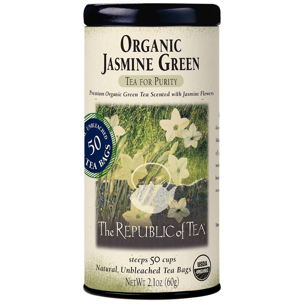 The Republic of Tea Organic Jasmine Green Tea, Low Caffeine, 50 Count | A gentle cup for everyday sipping. Fresh with light vegetal notes. USDA Organic and Gluten Free.